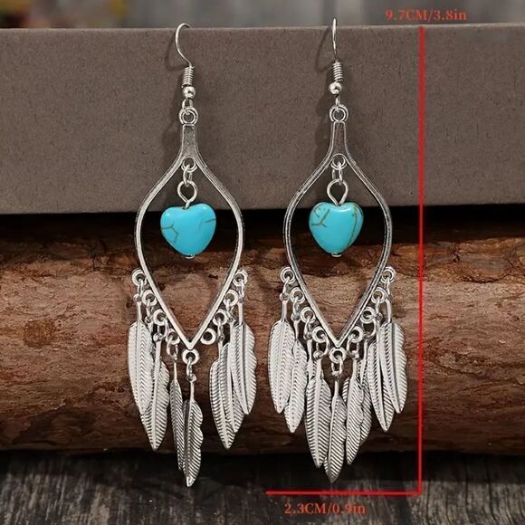 New - Boho Feather Tassel Heart Turquoise Dangle Earrings - Picture 4 of 9